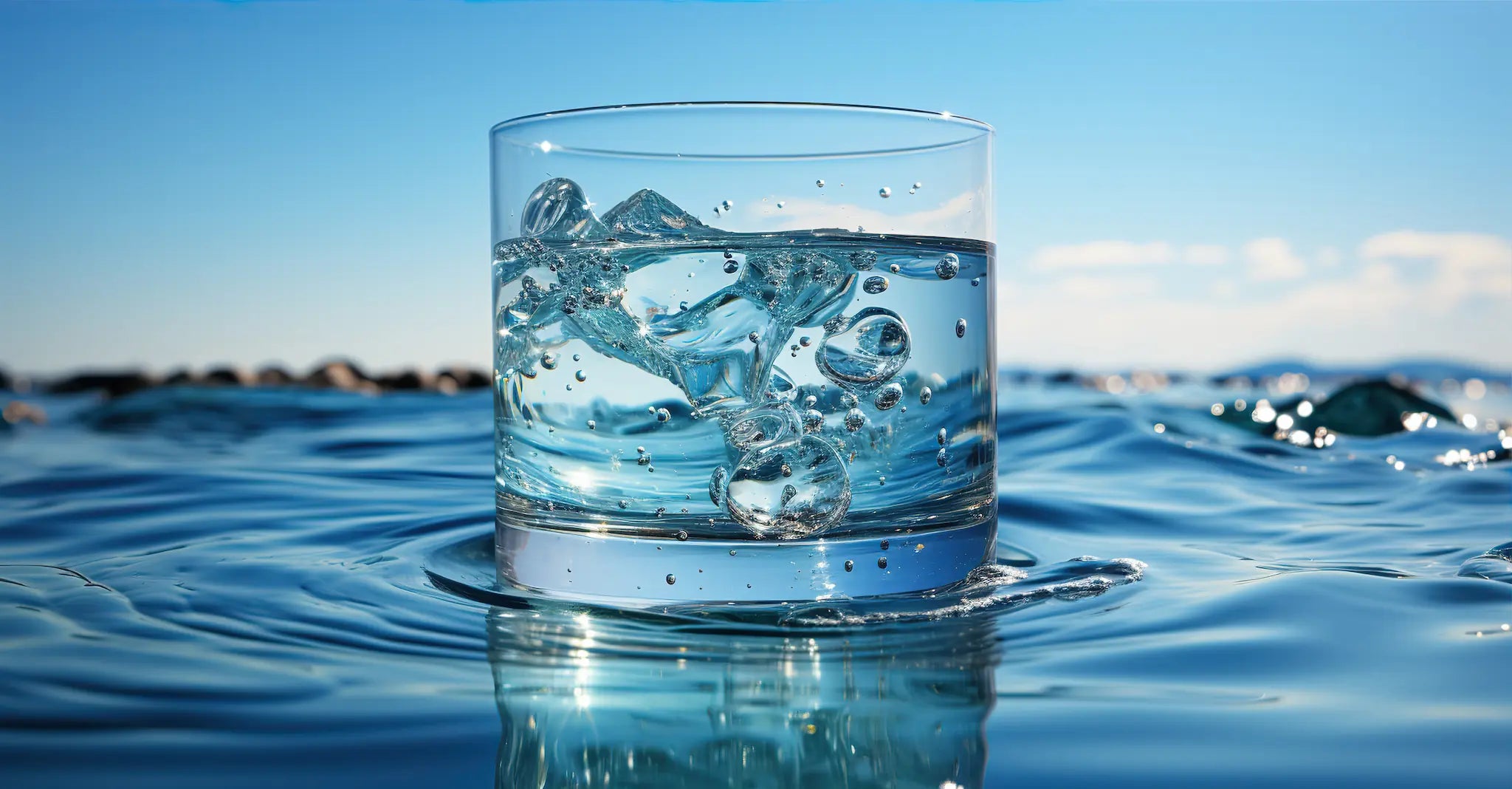 Crystal clear water glass floating in a lake